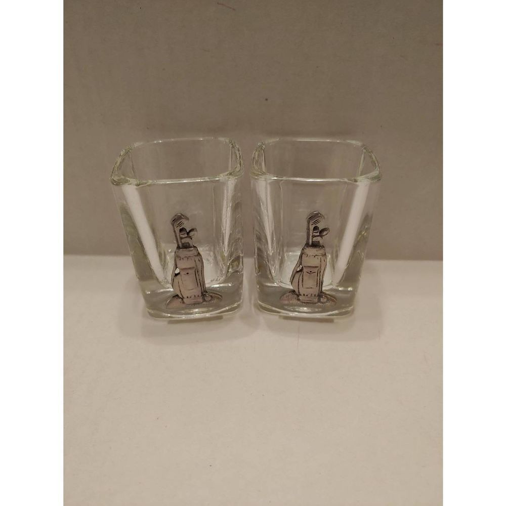 Set of 2 square shot glasses with pewter Golf club bag design - 2 oz